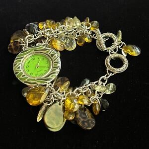Vintage Quartz Stainless Steel + Green Enamel Womens Watch w/ Cheetah Charms